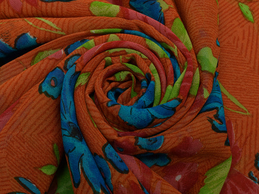 Sushila Vintage Orange Sari 100% Pure Georgette Silk Printed Floral Craft Fabric