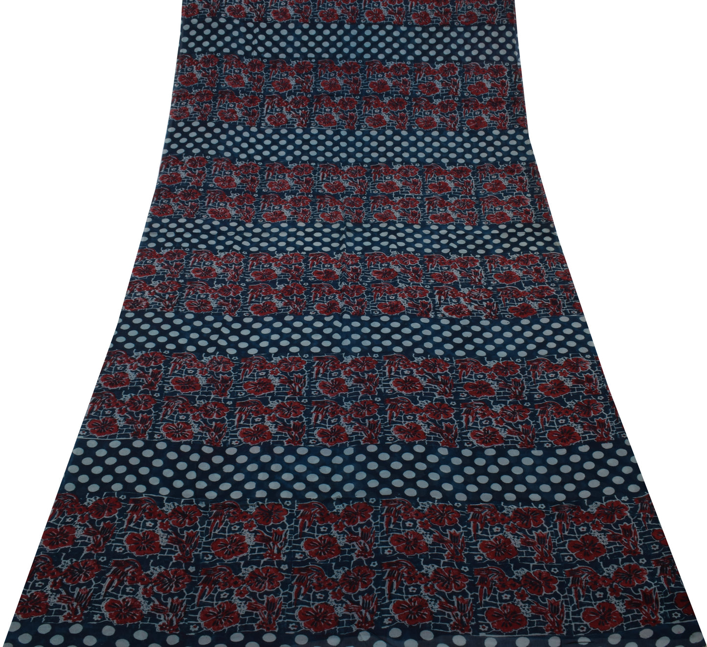 Sushila Vintage Blue Saree 100% Pure Georgette Silk Printed Polka Dots Fabric