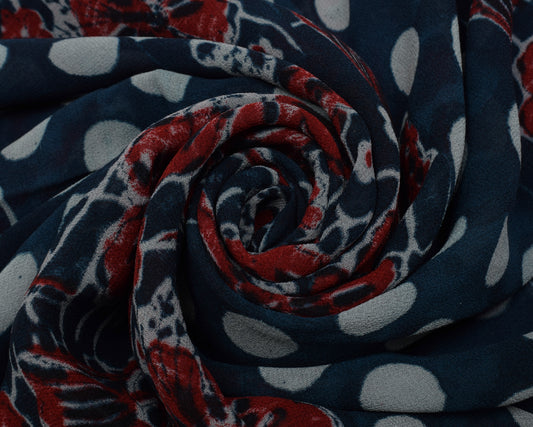 Sushila Vintage Blue Saree 100% Pure Georgette Silk Printed Polka Dots Fabric