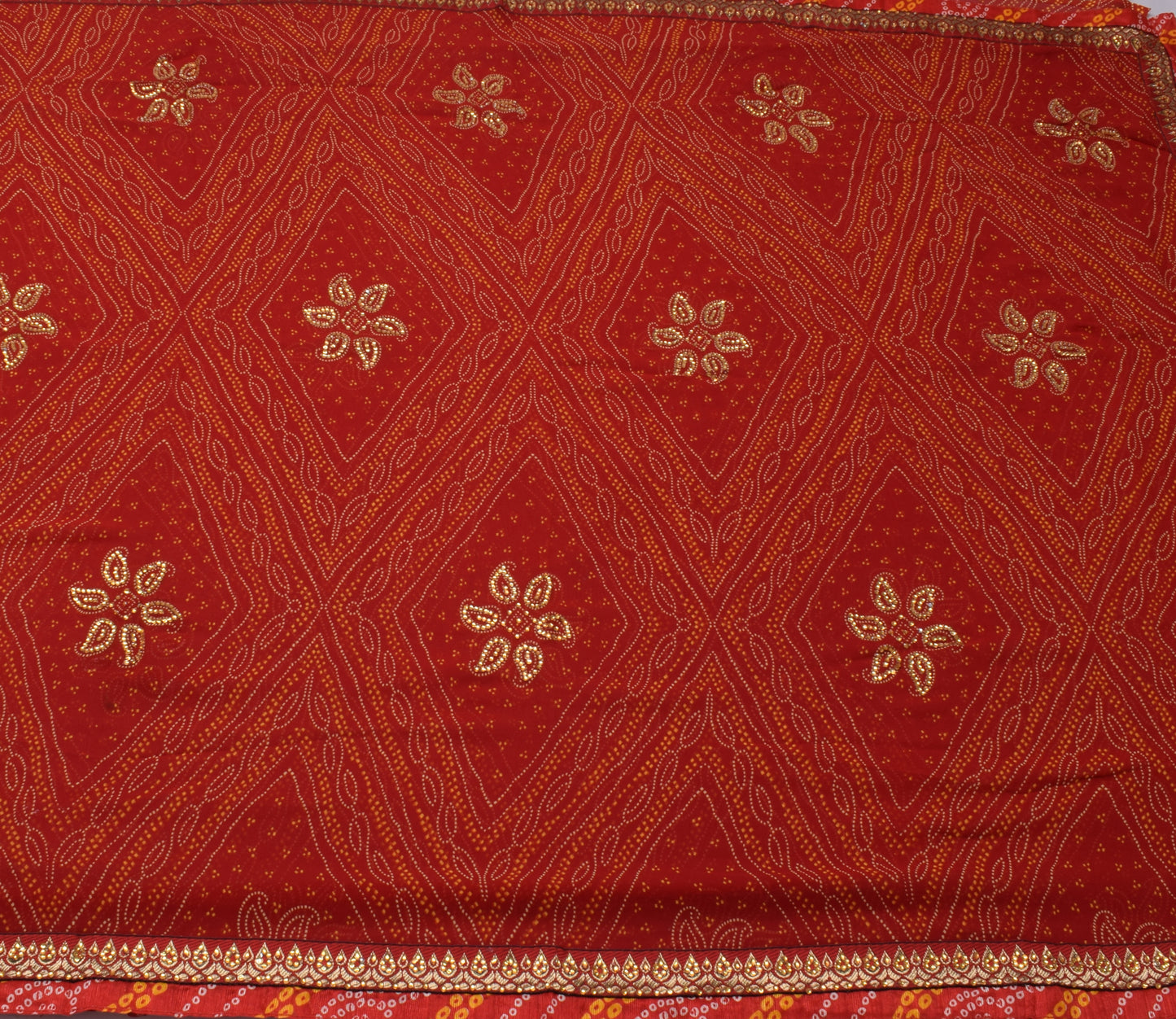 Sushila Vintage Red Saree Blend Georgette Silk Printed Paisley 5 YD Craft Fabric