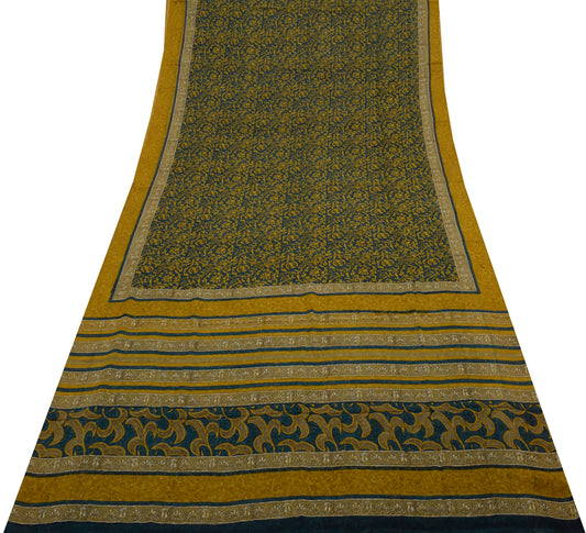 Sushila Vintage Blue Saree 100% Pure Georgette Silk Printed Floral Craft Fabric