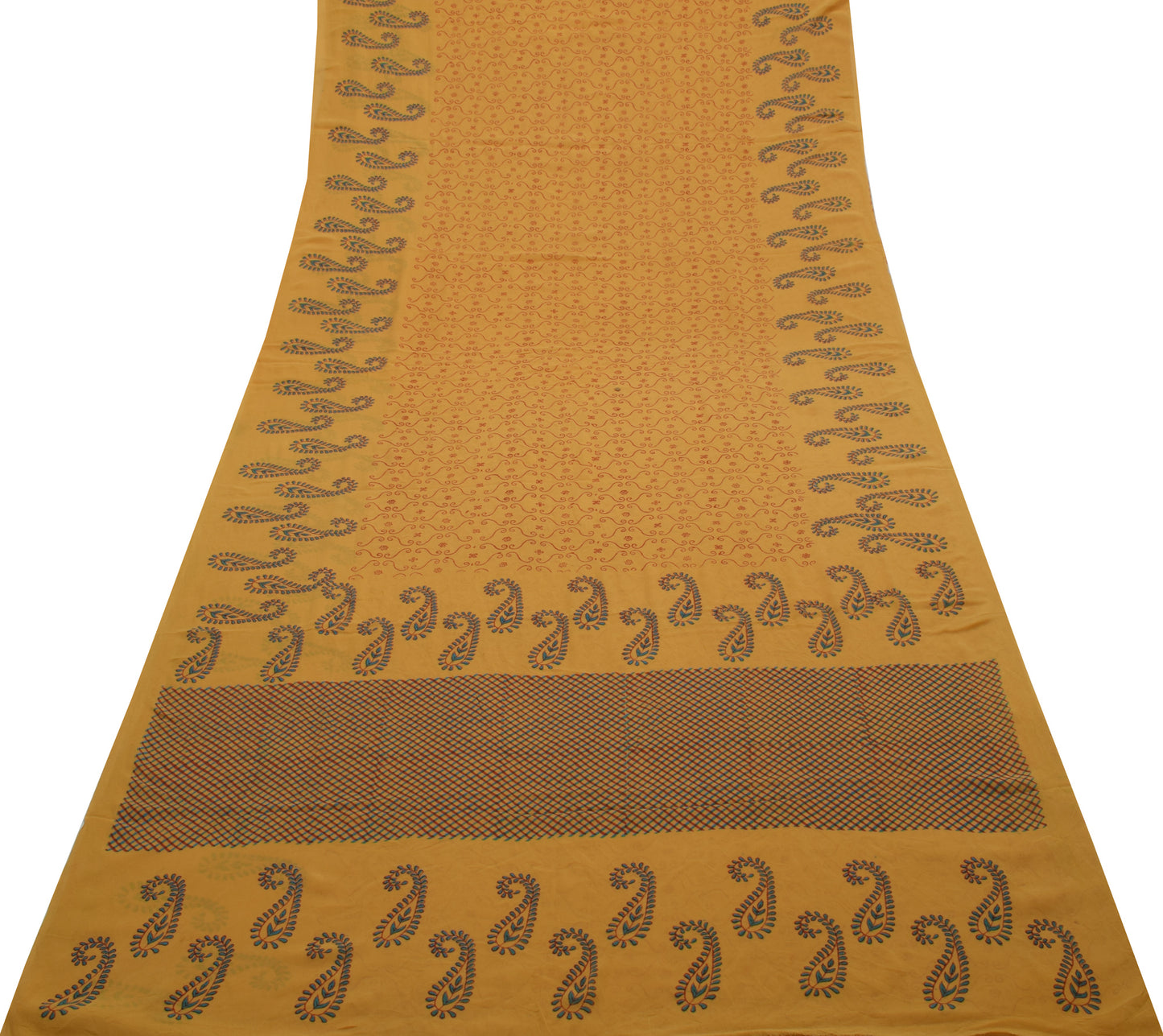 Sushila Vintage Mustard Saree 100% Pure Georgette Silk Printed Craft 5 YD Fabric