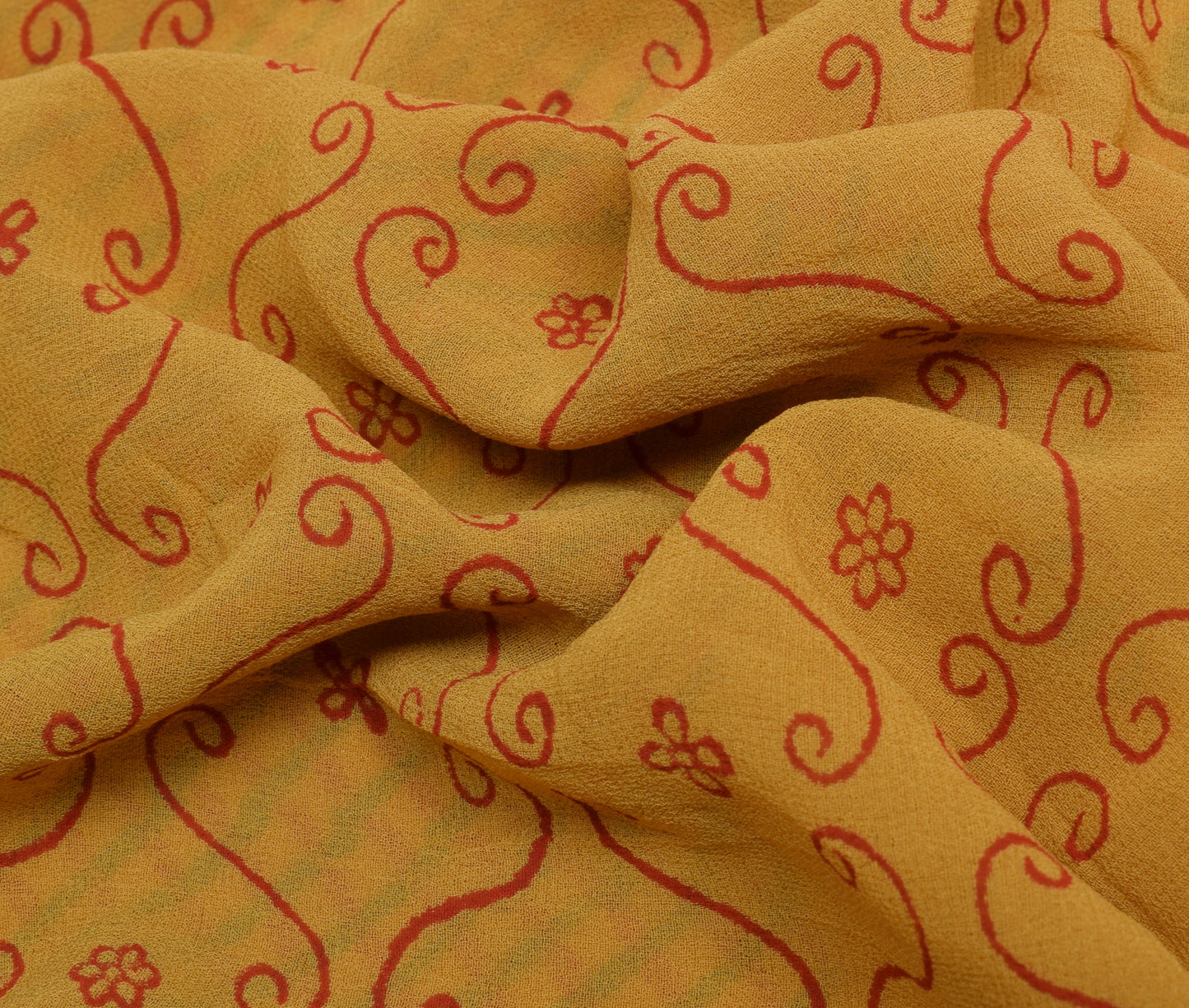 Sushila Vintage Mustard Saree 100% Pure Georgette Silk Printed Craft 5 YD Fabric