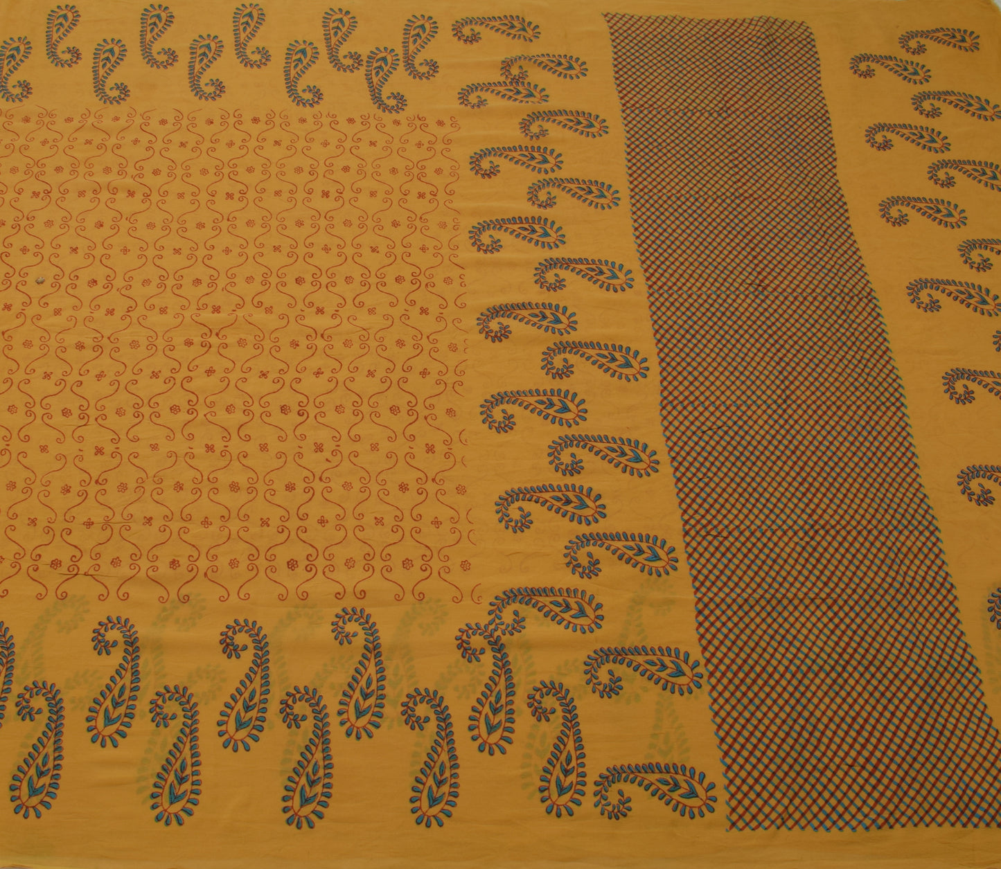 Sushila Vintage Mustard Saree 100% Pure Georgette Silk Printed Craft 5 YD Fabric