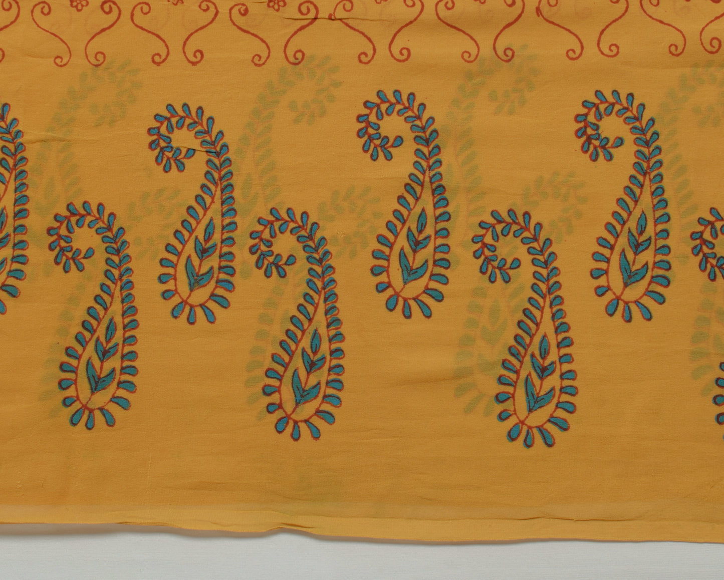 Sushila Vintage Mustard Saree 100% Pure Georgette Silk Printed Craft 5 YD Fabric