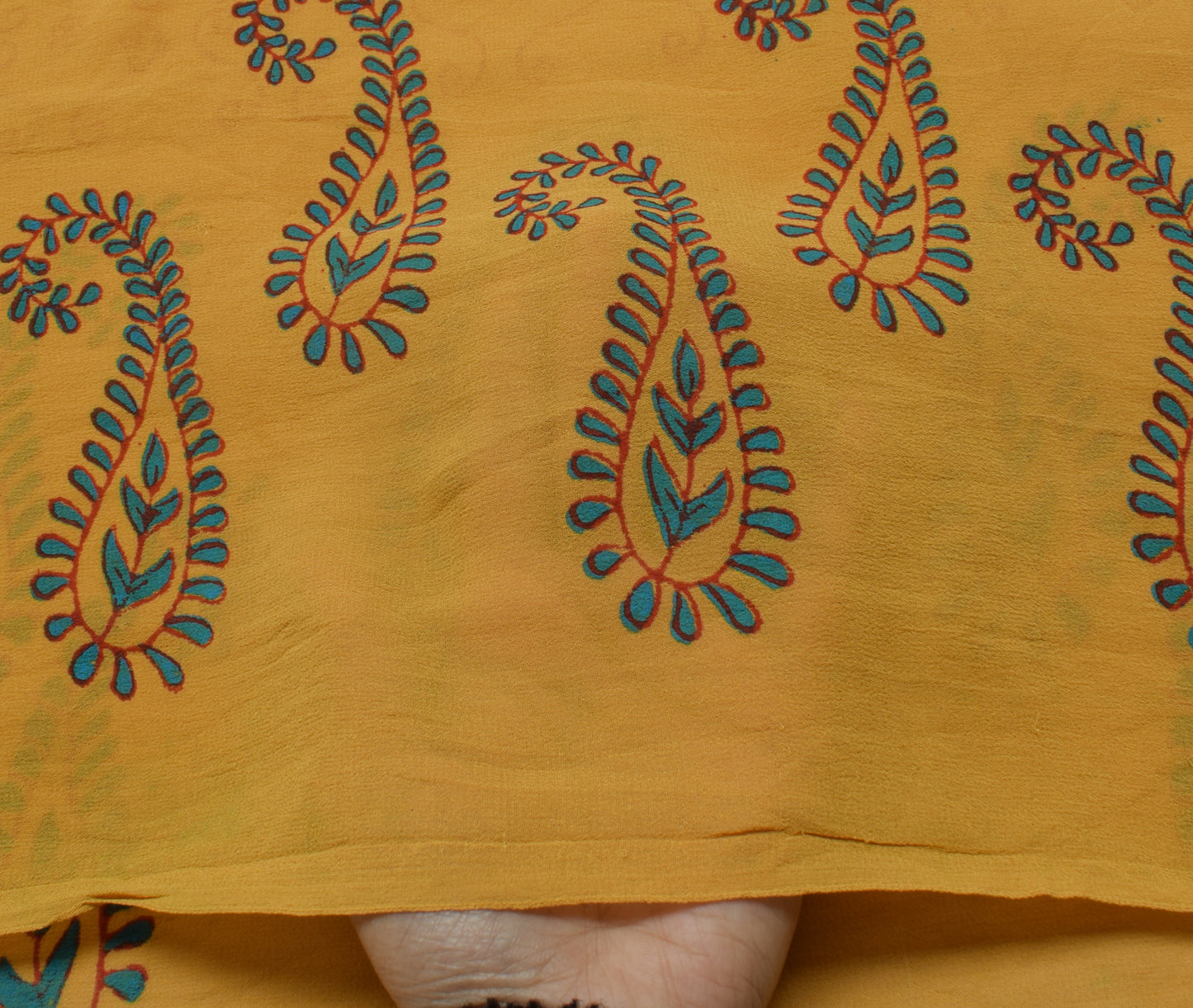 Sushila Vintage Mustard Saree 100% Pure Georgette Silk Printed Craft 5 YD Fabric