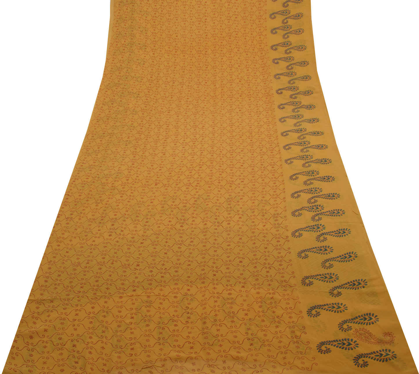 Sushila Vintage Mustard Saree 100% Pure Georgette Silk Printed Craft 5 YD Fabric