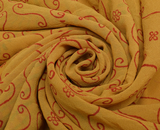 Sushila Vintage Mustard Saree 100% Pure Georgette Silk Printed Craft 5 YD Fabric