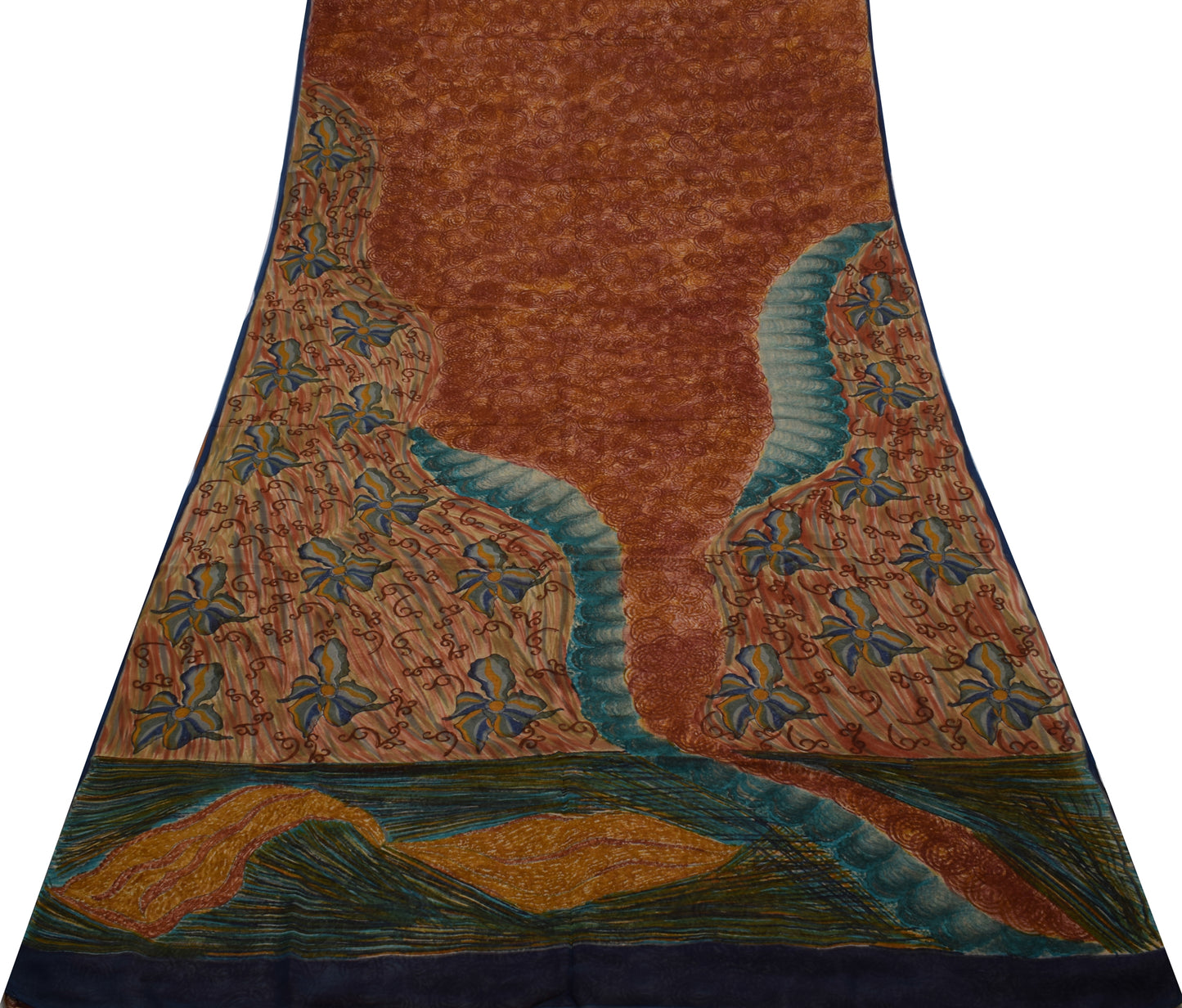 Sushila Vintage Brown Saree 100% Pure Georgette Silk Printed 5 Yard Craft Fabric