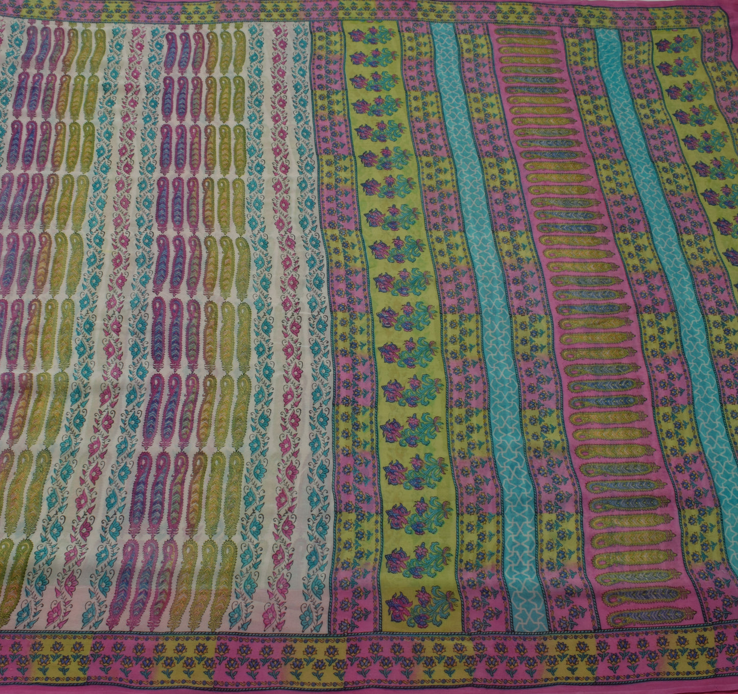 Sushila Vintage Off White Saree 100% Pure Georgette Silk Printed Paisley Fabric