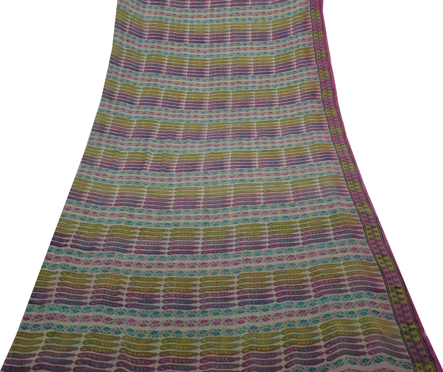 Sushila Vintage Off White Saree 100% Pure Georgette Silk Printed Paisley Fabric