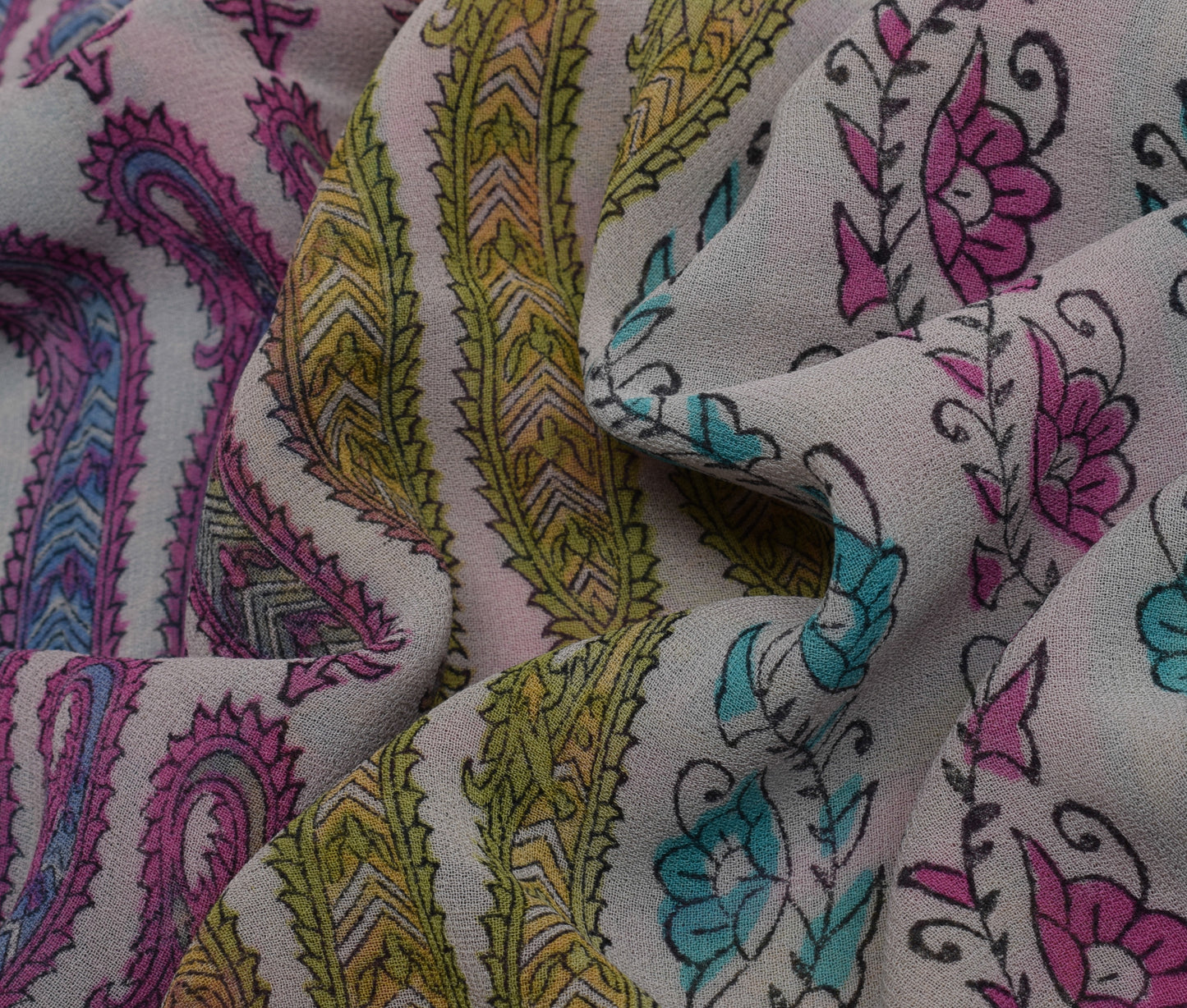 Sushila Vintage Off White Saree 100% Pure Georgette Silk Printed Paisley Fabric