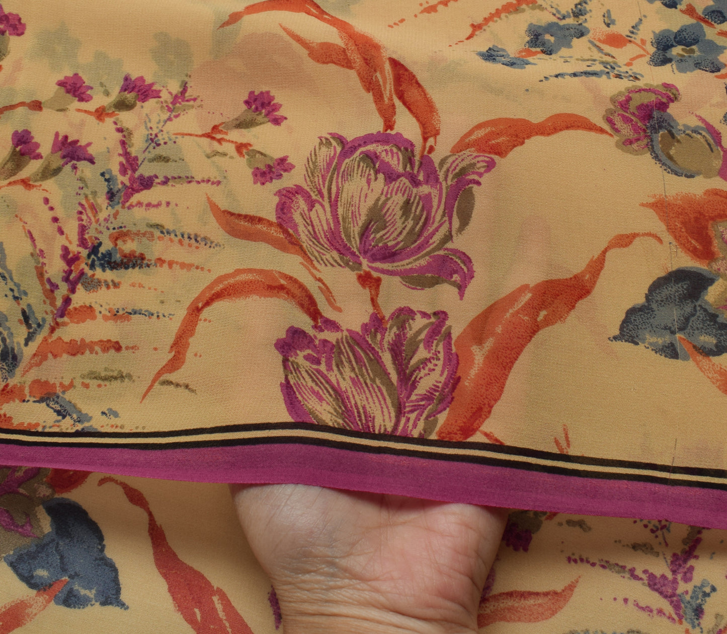 Sushila Vintage Cream Saree 100% Pure Georgette Silk Printed Floral Craft Fabric