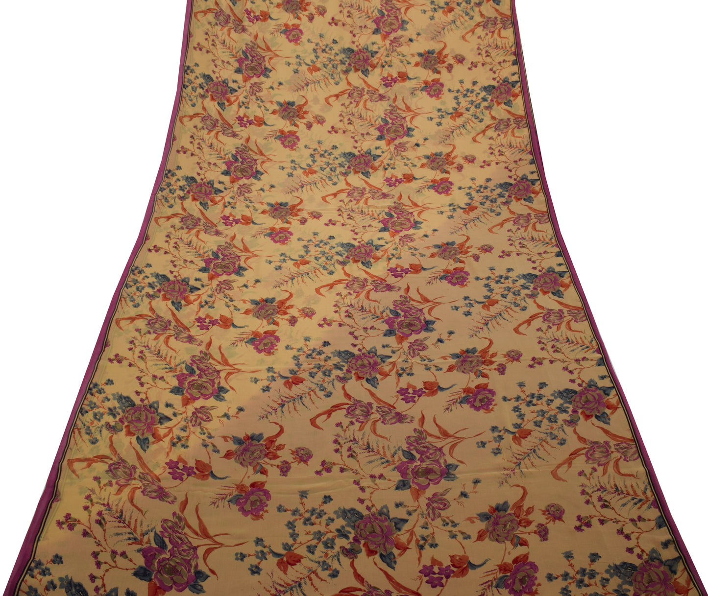 Sushila Vintage Cream Saree 100% Pure Georgette Silk Printed Floral Craft Fabric