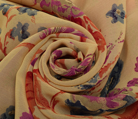 Sushila Vintage Cream Saree 100% Pure Georgette Silk Printed Floral Craft Fabric