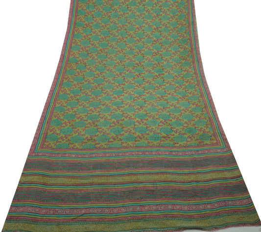 Sushila Vintage Green Saree 100% Pure Georgette Silk Printed Floral Craft Fabric
