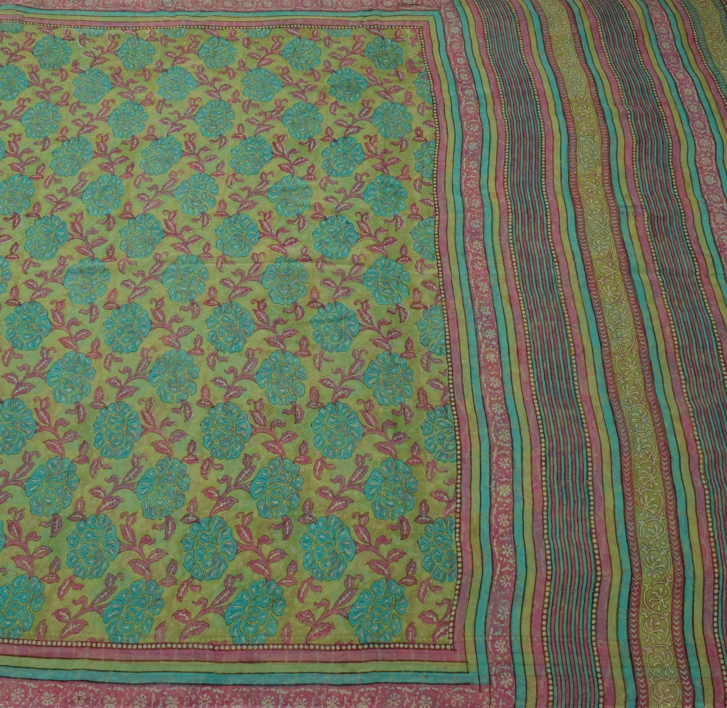 Sushila Vintage Green Saree 100% Pure Georgette Silk Printed Floral Craft Fabric