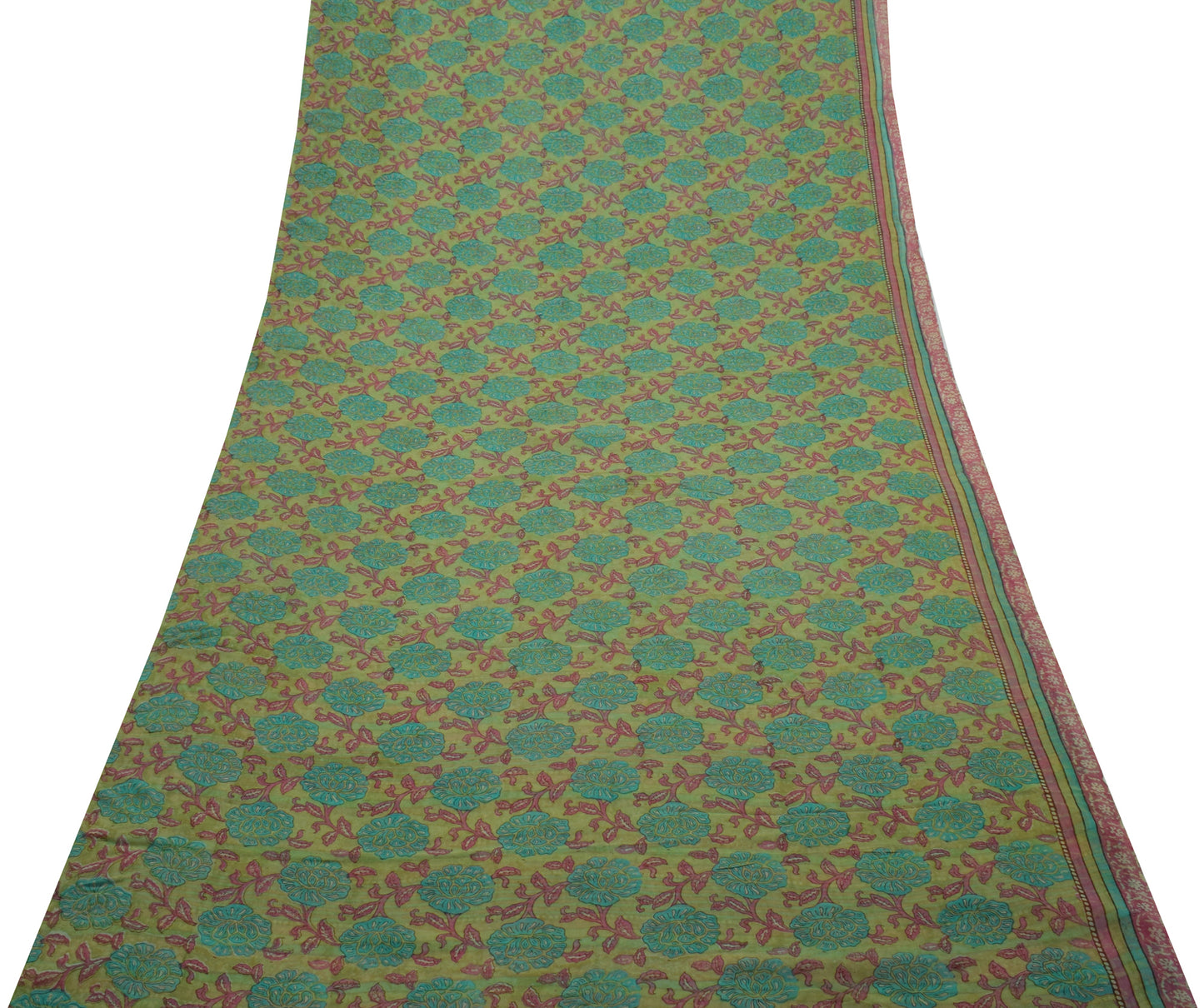 Sushila Vintage Green Saree 100% Pure Georgette Silk Printed Floral Craft Fabric