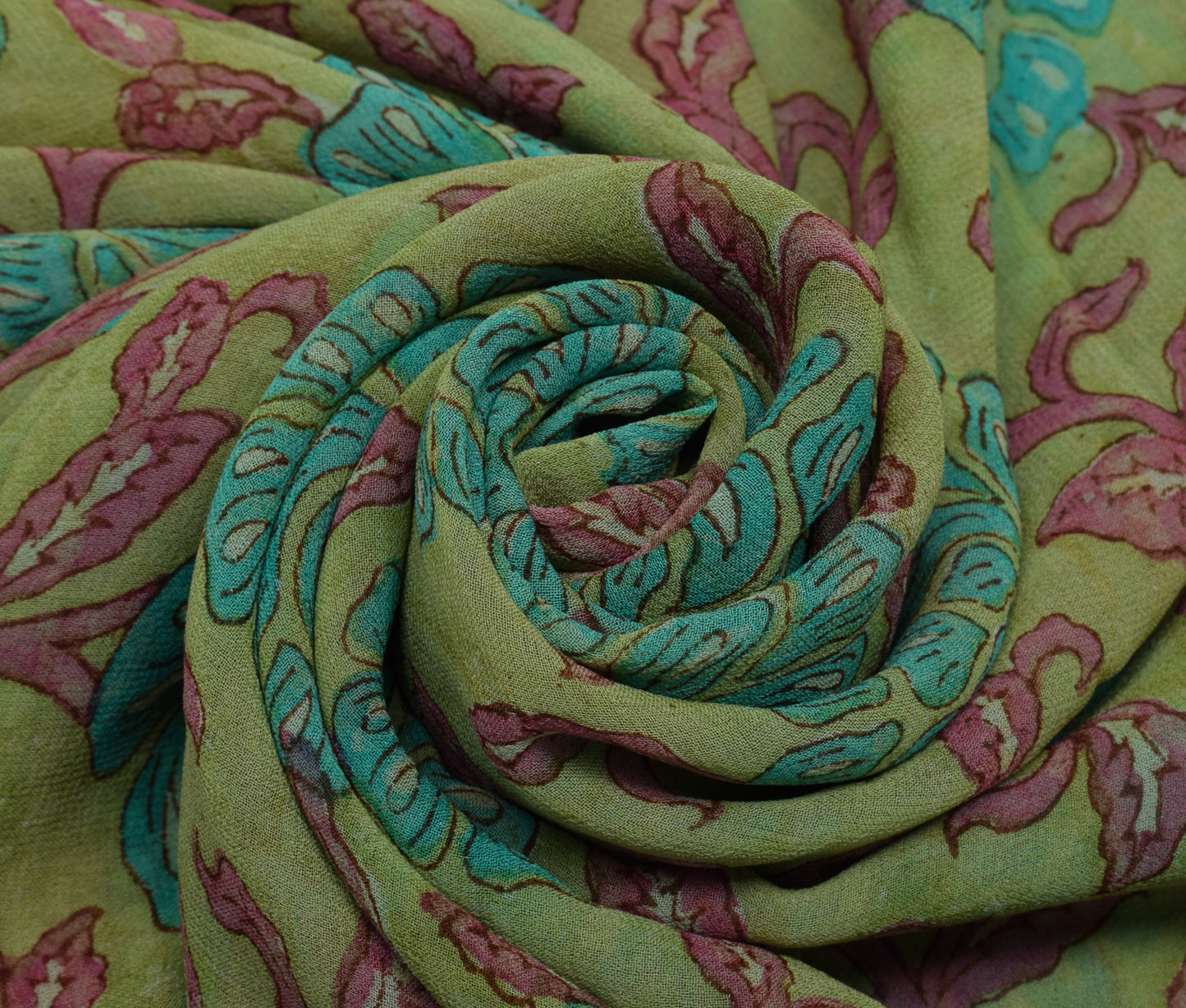 Sushila Vintage Green Saree 100% Pure Georgette Silk Printed Floral Craft Fabric