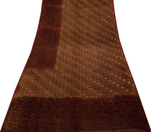 Sushila Vintage Brown Saree 100% Pure Georgette Silk Printed Floral Craft Fabric