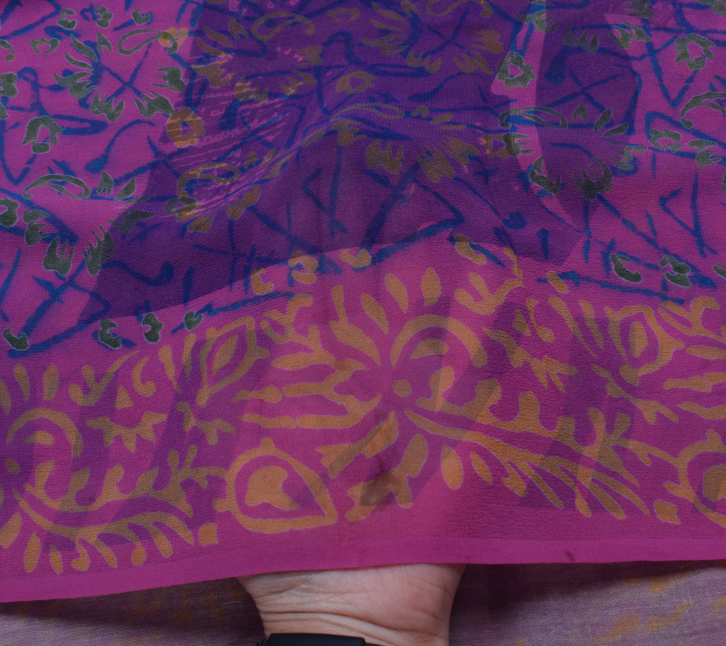 Sushila Vintage Purpl Saree 100% Pure Georgette Silk Printed Floral Craft Fabric
