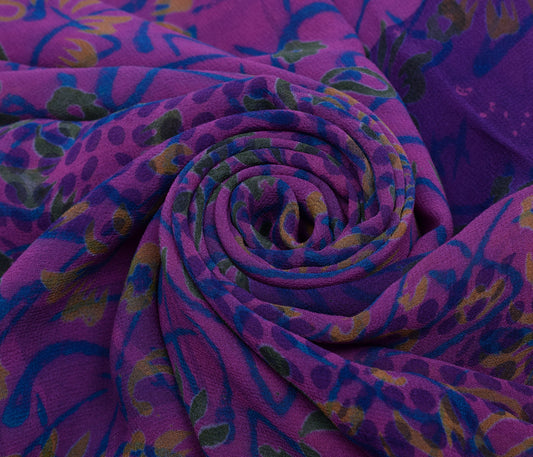 Sushila Vintage Purpl Saree 100% Pure Georgette Silk Printed Floral Craft Fabric