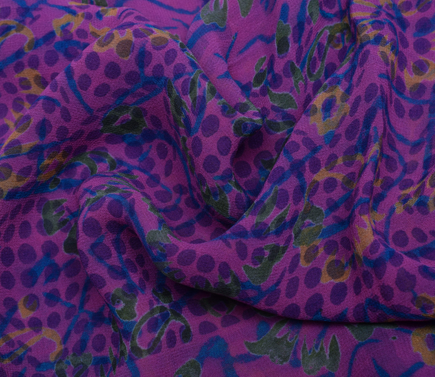 Sushila Vintage Purpl Saree 100% Pure Georgette Silk Printed Floral Craft Fabric