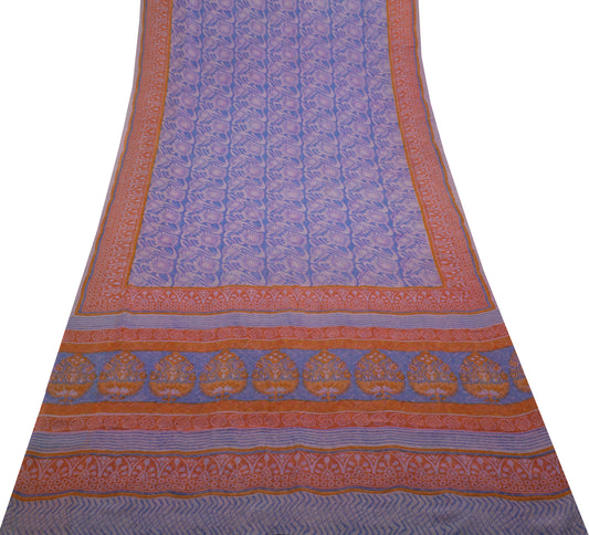 Sushila Vintage Blue Saree 100% Pure Georgette Silk Printed Floral Craft Fabric