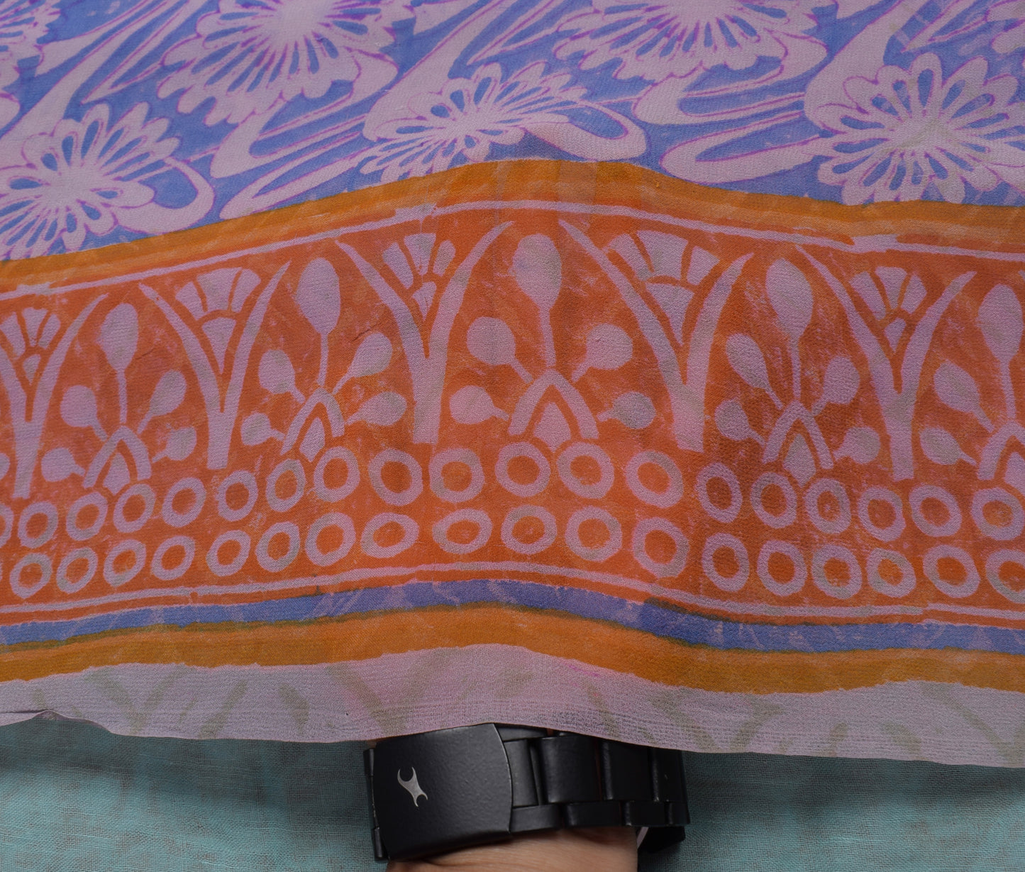 Sushila Vintage Blue Saree 100% Pure Georgette Silk Printed Floral Craft Fabric