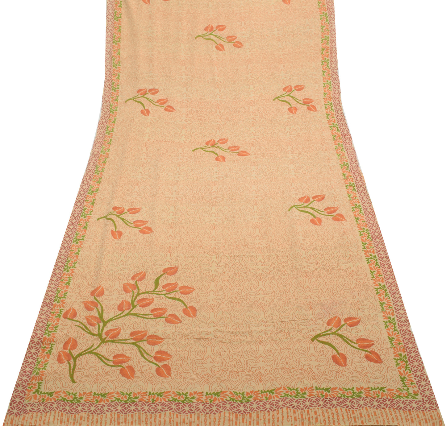 Sushila Vintage Cream Saree 100% Pure Georgette Silk Printed Floral Craft Fabric