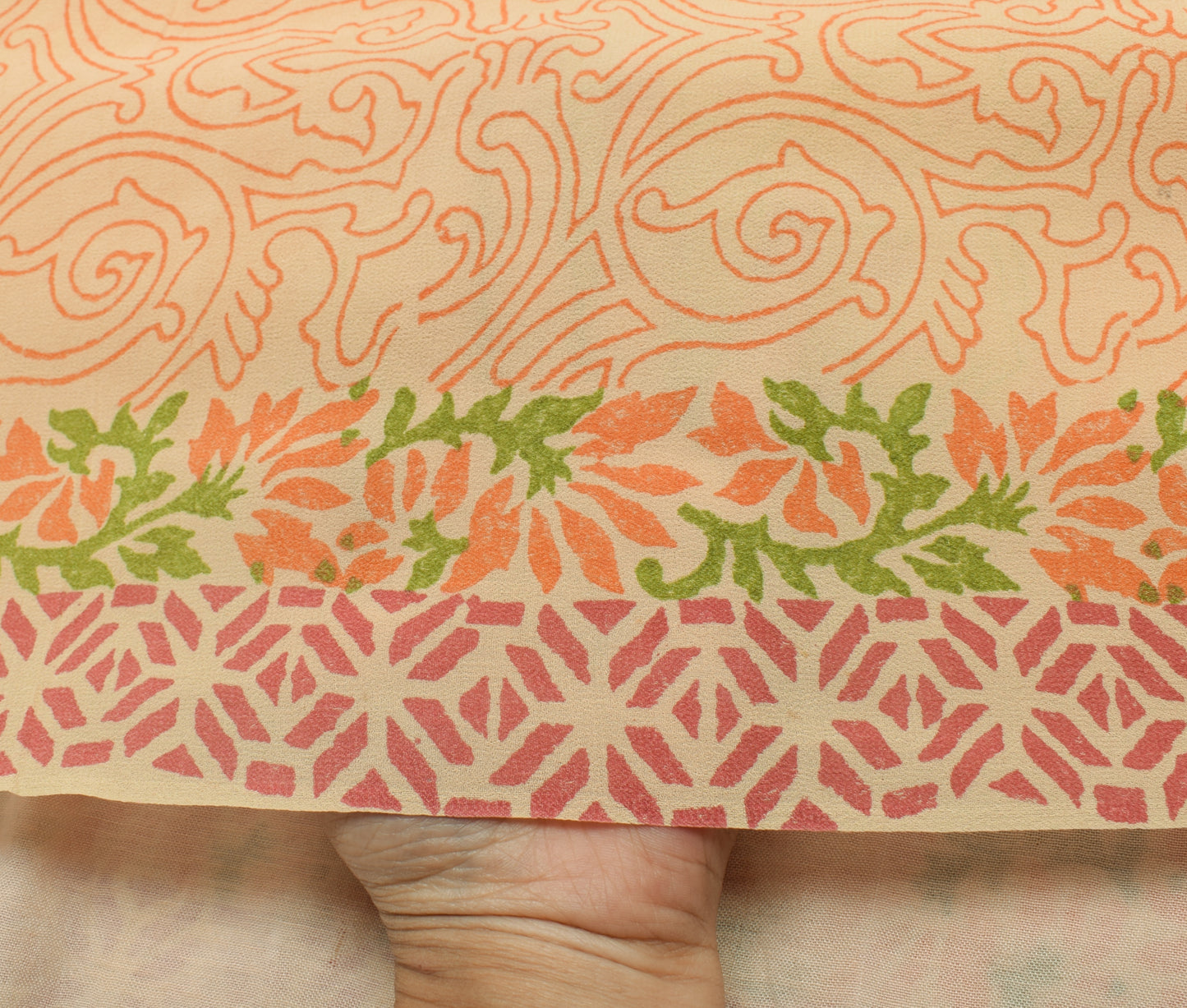 Sushila Vintage Cream Saree 100% Pure Georgette Silk Printed Floral Craft Fabric