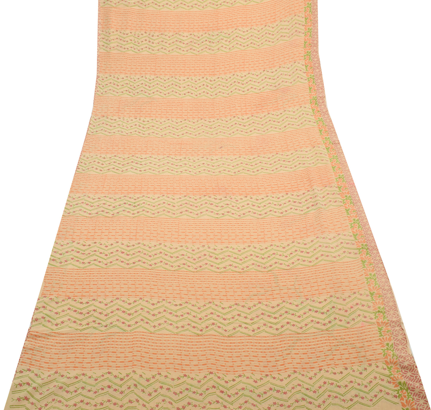 Sushila Vintage Cream Saree 100% Pure Georgette Silk Printed Floral Craft Fabric