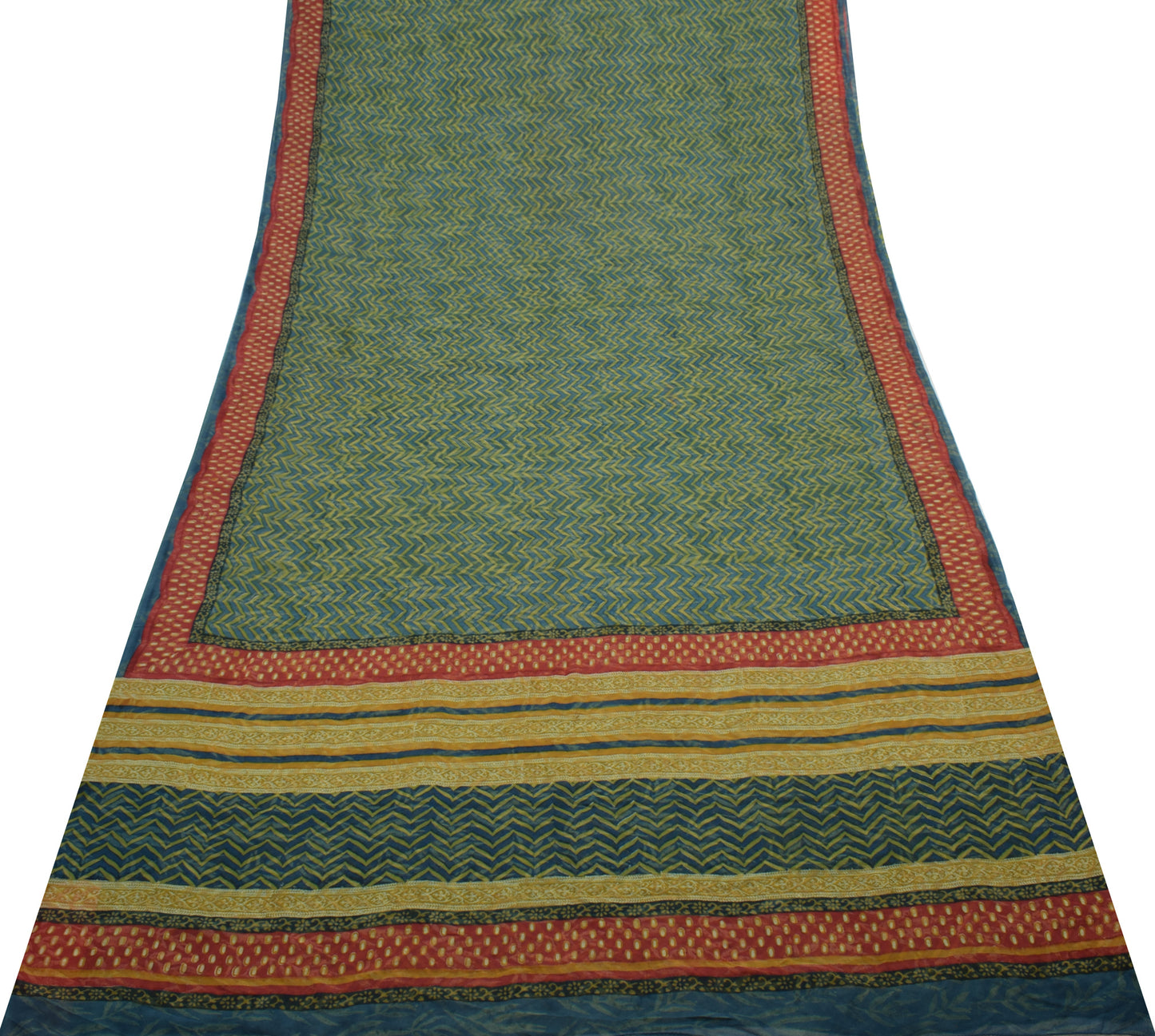 Sushila Vintage Saree 100% Pure Georgette Silk Printed Zig-Zag 5 YD Craft Fabric