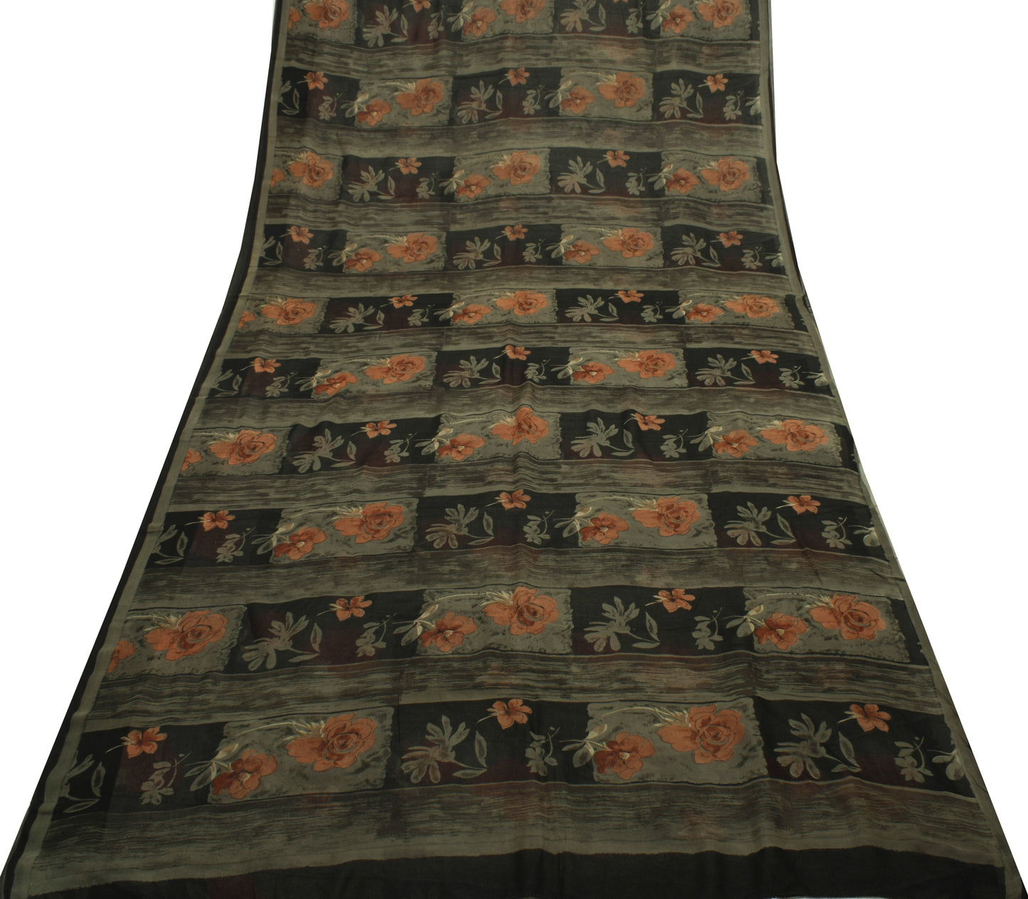 Sushila Vintage Black Saree 100% Pure Georgette Silk Printed Floral Craft Fabric