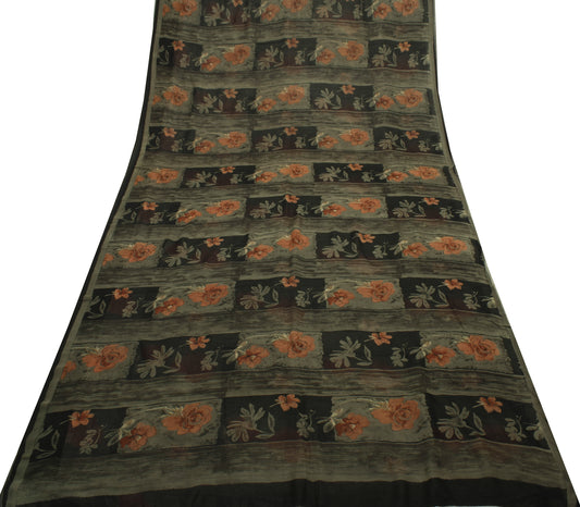 Sushila Vintage Black Saree 100% Pure Georgette Silk Printed Floral Craft Fabric