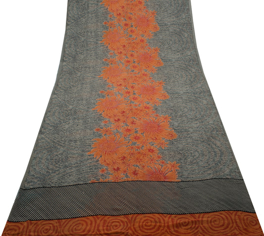 Sushila Vintage Gray Saree 100% Pure Georgette Silk Printed Floral Craft Fabric