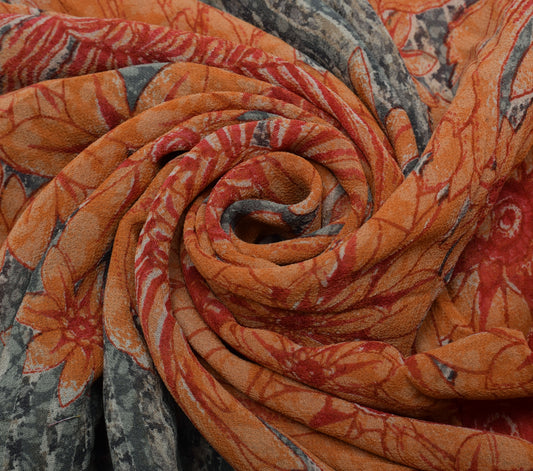 Sushila Vintage Gray Saree 100% Pure Georgette Silk Printed Floral Craft Fabric