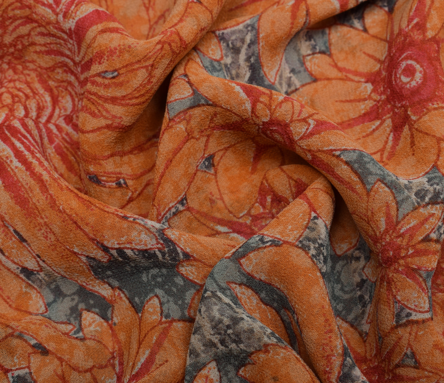 Sushila Vintage Gray Saree 100% Pure Georgette Silk Printed Floral Craft Fabric