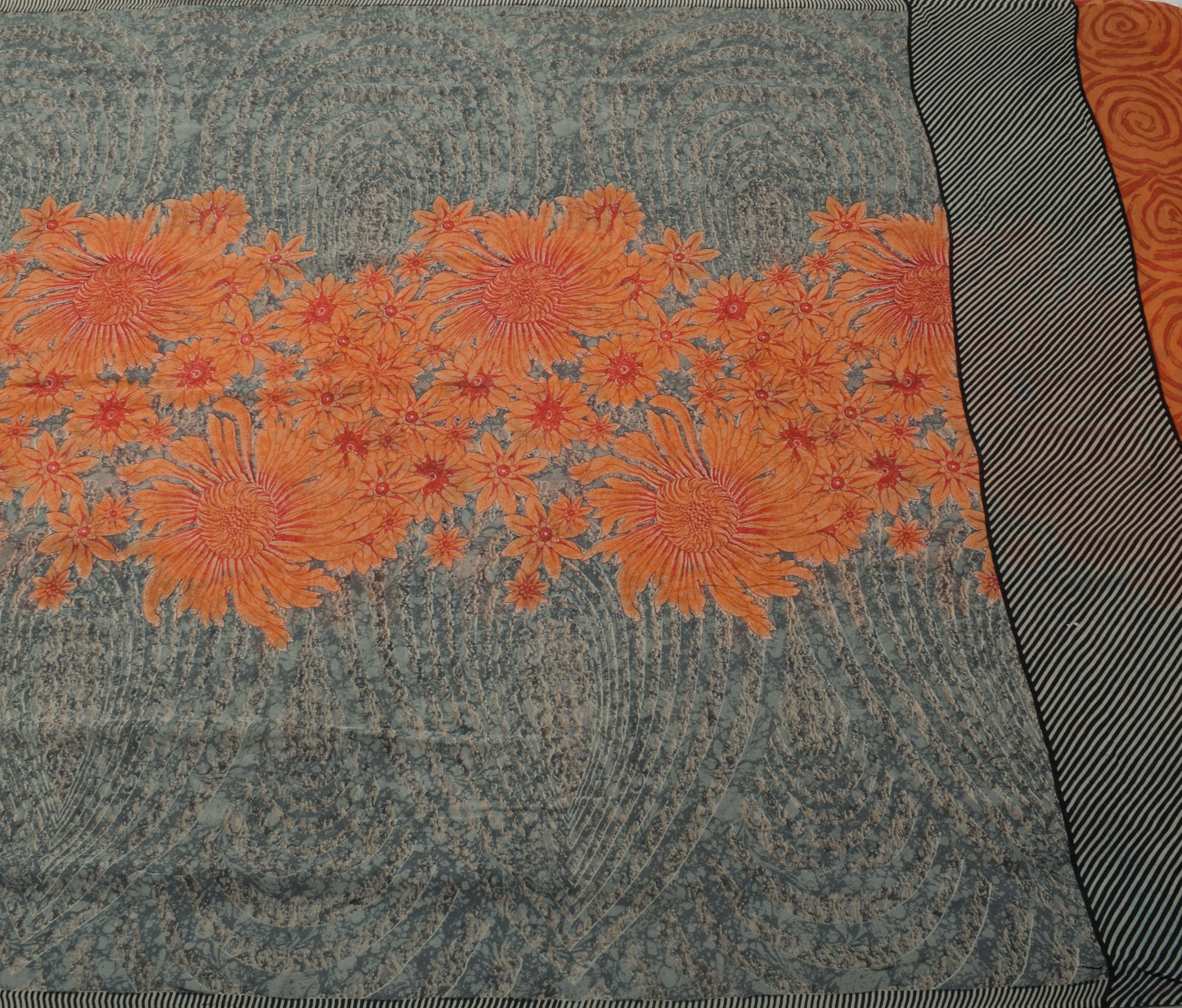 Sushila Vintage Gray Saree 100% Pure Georgette Silk Printed Floral Craft Fabric