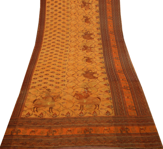 Sushila Vintage Yellow Saree Blend Georgette Silk Printed Animals Craft Fabric