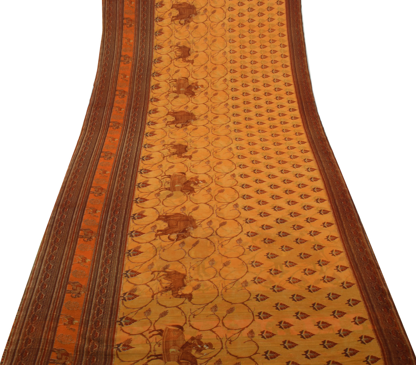 Sushila Vintage Yellow Saree Blend Georgette Silk Printed Animals Craft Fabric