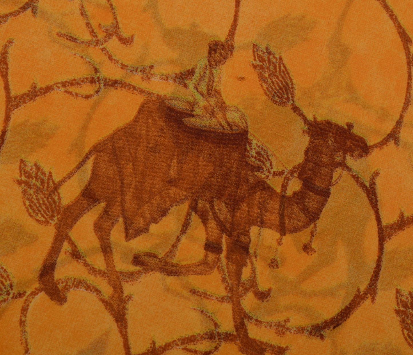 Sushila Vintage Yellow Saree Blend Georgette Silk Printed Animals Craft Fabric