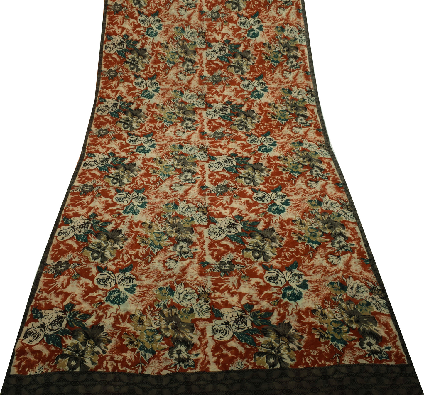 Sushila Vintage Saree 100%Pure Georgette Silk Printed Floral 5 Yard Craft Fabric