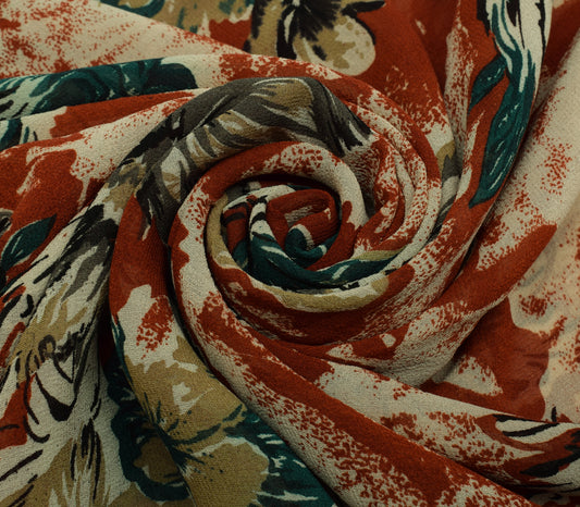 Sushila Vintage Saree 100%Pure Georgette Silk Printed Floral 5 Yard Craft Fabric