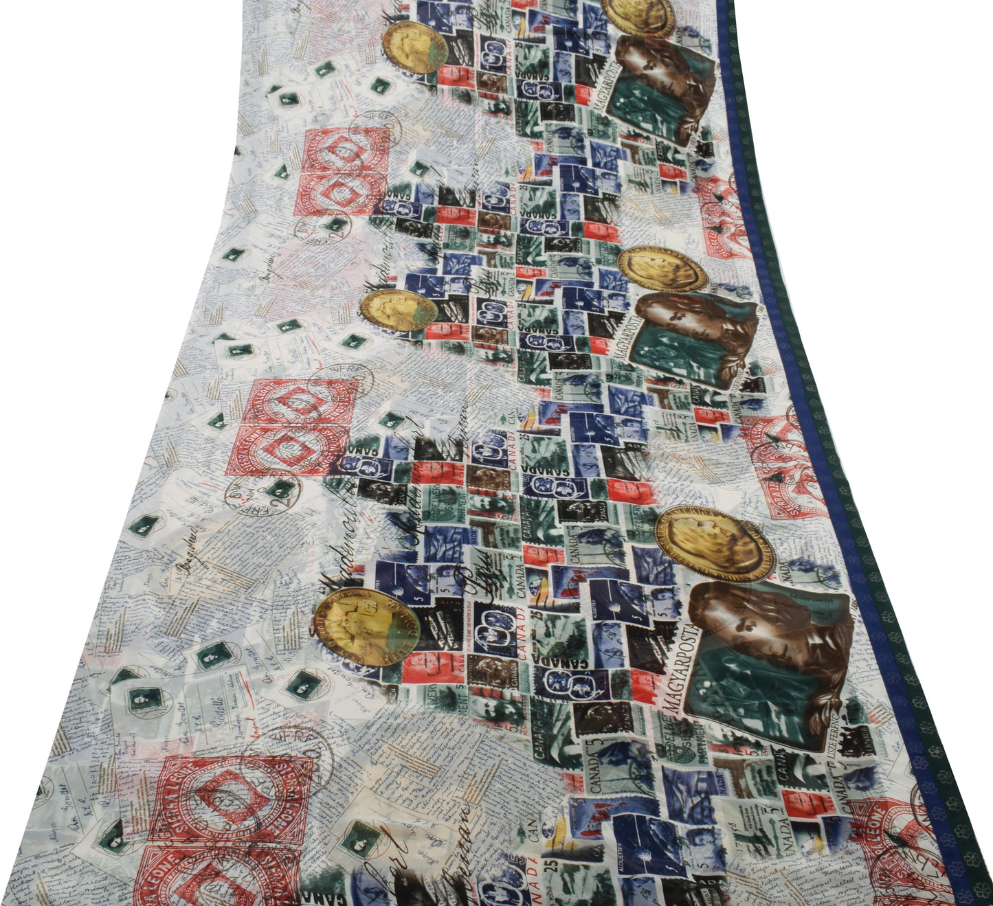 Sushila Vintage White Antique Saree Blend Georgette Silk Printed Craft Fabric