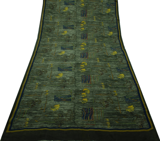 Sushila Vintage Green Saree 100% Pure Georgette Silk Printed Floral Craft Fabric