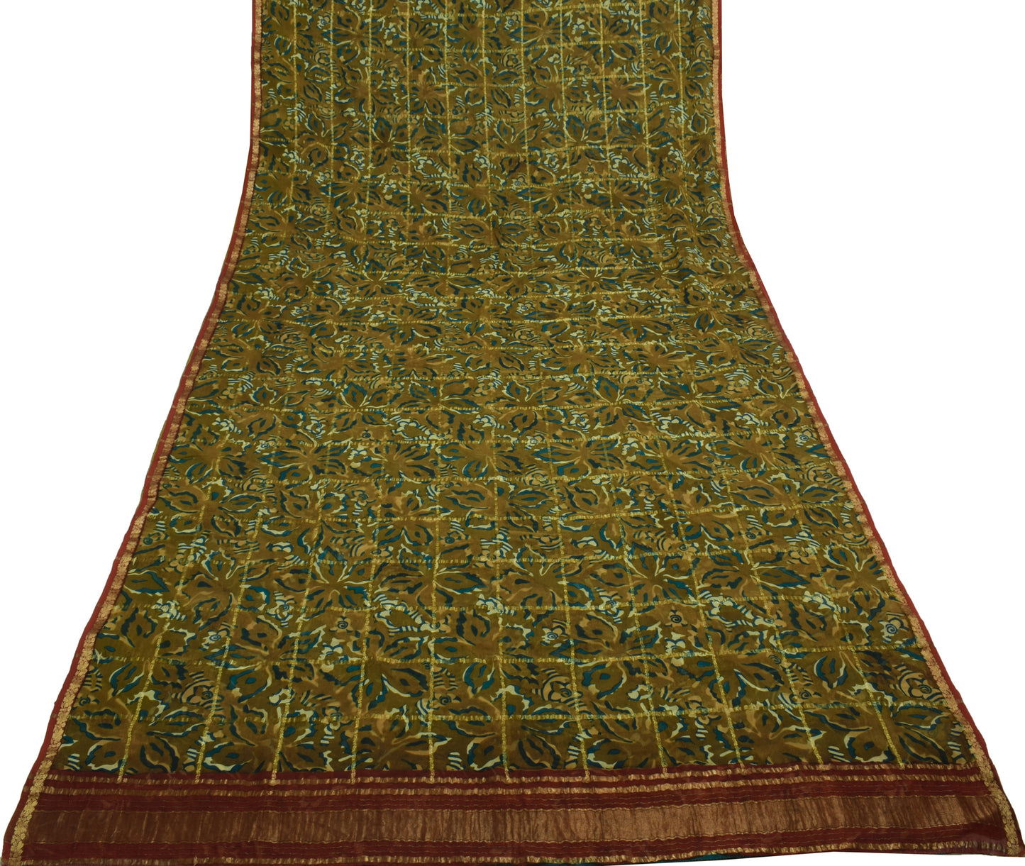 Sushila Vintage Henna Green Saree 100% Pure Georgette Silk Printed Craft Fabric