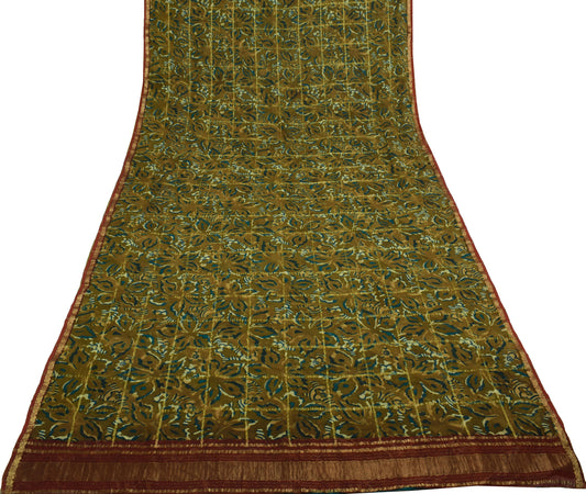 Sushila Vintage Henna Green Saree 100% Pure Georgette Silk Printed Craft Fabric