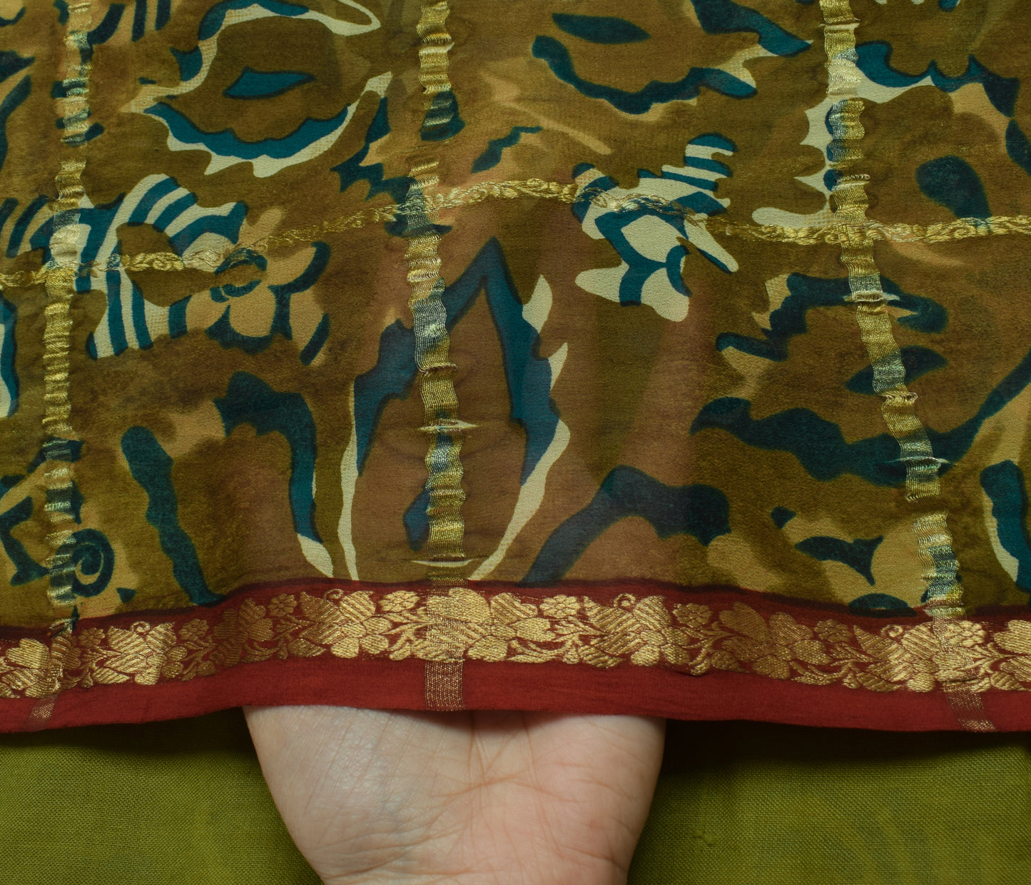 Sushila Vintage Henna Green Saree 100% Pure Georgette Silk Printed Craft Fabric