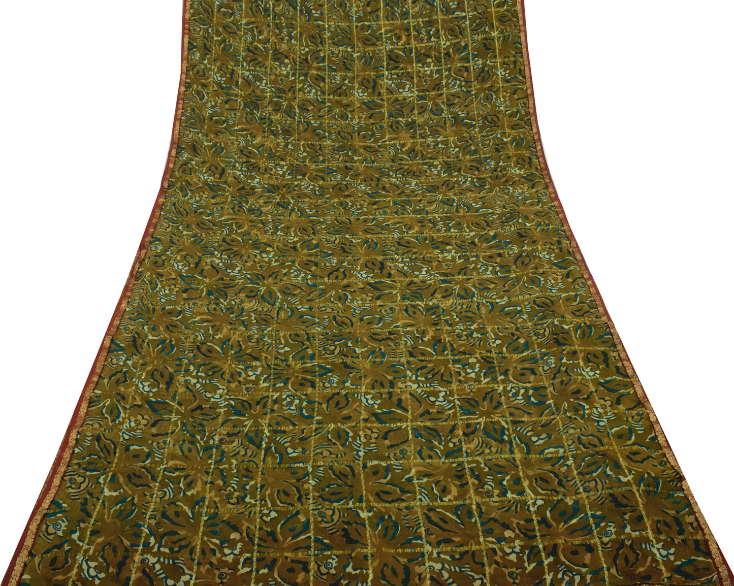 Sushila Vintage Henna Green Saree 100% Pure Georgette Silk Printed Craft Fabric